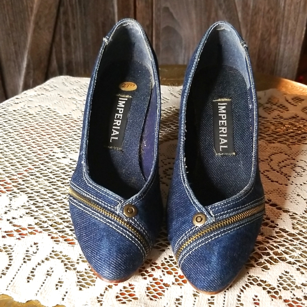 Vintage Imperial Denim Heels-Genuine Leather Sole-Size 6